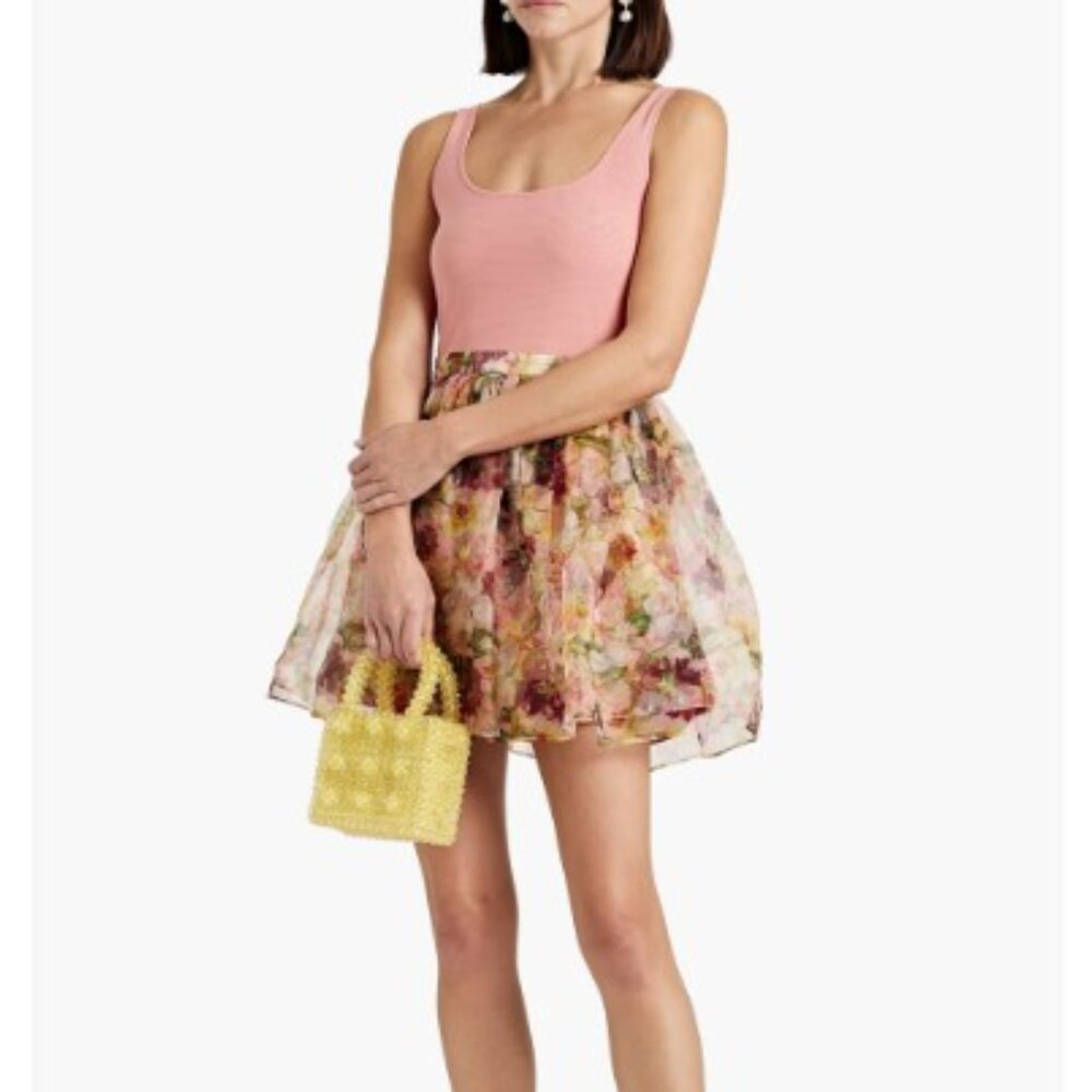 Alice and Olivia Dress 14 Rose Stretch Mesh Panel Floral Print Silk Organza Mini